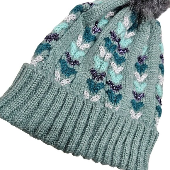 Unbranded NWT Knitted Pom Pom Beanie Hat Textured Pattern Faux Fur Top Women - Picture 4 of 5